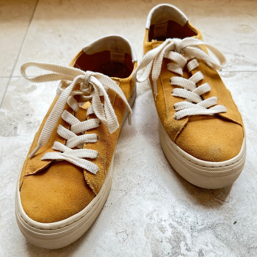Soludos Ibiza women’s platform sneakers suede lace up size 7.5 mustard yellow